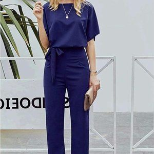 Women Large Jumpsuit Short Sleeve Belted Wide Leg Pant Romper Navy Blue …